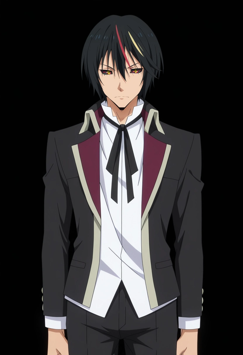 masterpiece, best quality, anime screencap, official style, anime coloring, cowboy shot, 1boy, solo, male focus, <lora:diablo_tensura_ilxl:1>, diablo_tensura, black hair, yellow eyes, multicolored hair, streaked hair, red hair, hair between eyes, colored sclera, black sclera, black jacket, black ribbon, white shirt, black pants,