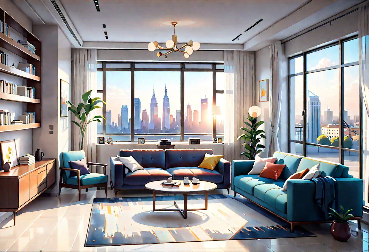 ((front view)), Shallow scene, ((animation style)), modern-style interior, with white walls, (large windows), a  study, Sofa, coffee table, bookcase, single wall, 
warm light morning sun, (City high-rise building scenery)