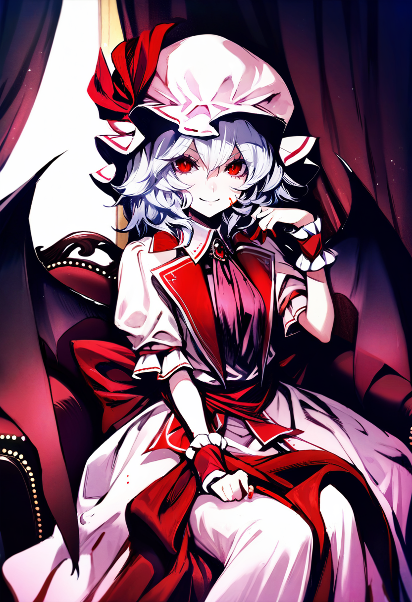 masterpiece, best quality, <lora:banpaiakiraXL_ANI31_lokr_V3236:0.95>  1girl, solo, remilia scarlet, hat, wings, red eyes, bat wings, sitting, short hair, wrist cuffs, dress, curtains, ascot, blood, brooch, ribbon, white hair, jewelry, bow, hat ribbon, looking at viewer, smile, mob cap, chair