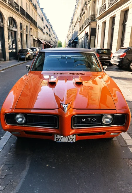 ClassicMuscleCar, orange Pontiac GTO, front view, sunny, Paris street, 4K, highly detailed, (stylish grainy analog 35mm film photo)