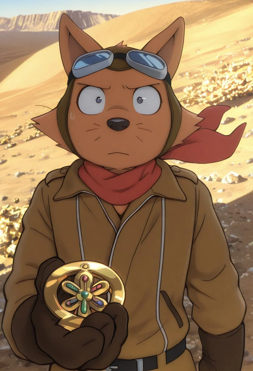detailed background, detailed fur, solo, 1boy, adult, muscular, (ZorondoRon), fox, very expressive, amazed, head movement, desert background, outdoors, Egyptian desert scenery, holding gold key, facing viewer, brown aviators outfit, brown gloves, aviator googles, red scarf around neck, detailed scenery, masterpiece, best quality, amazing quality, absurdres, newest, high res, ultra detailed, best quality, best artwork, detailed eyes, (eyes focus), perfect eyes, big iris, pupils visible, 4k, ultra quality, perfect face