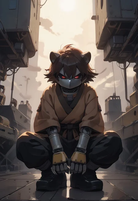 score_9, score_8_up, score_7_up, (best quality:1.1), ultra-detailed, high resolution, 8K, ((tall, 6ft tall, no mouth)), Metal Raccoon, robot, brown beige metal skin, black sclera, red pupils, pointy metal nose, gray claws, green core, black shoes, fist, battle stance, arms at sides, floating, factory, fluffy raccoon tail, BREAK outside, Rich, Detailed background, ambient light