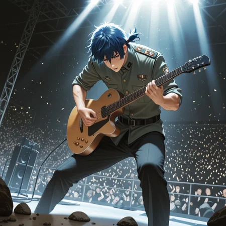 masterpiece, best quality, amazing quality, absurdres, newest, detailed background, definition so sharp, Ultra-HD, 8K cinematic, very awa, impressionate, amazing quality, highres,
solo, male focus, manly,
daikakukokujouji, 1boy, short hair, tied hair, low tied hair, lieutenant_pretime, lieutenant_blue hair, lieutenant_brown eyes, playing guitar, headbanging, energetic performance, but nearly dropping guitar, stage lighting, rock concert, passionate, cool, clumsy, charming, musical