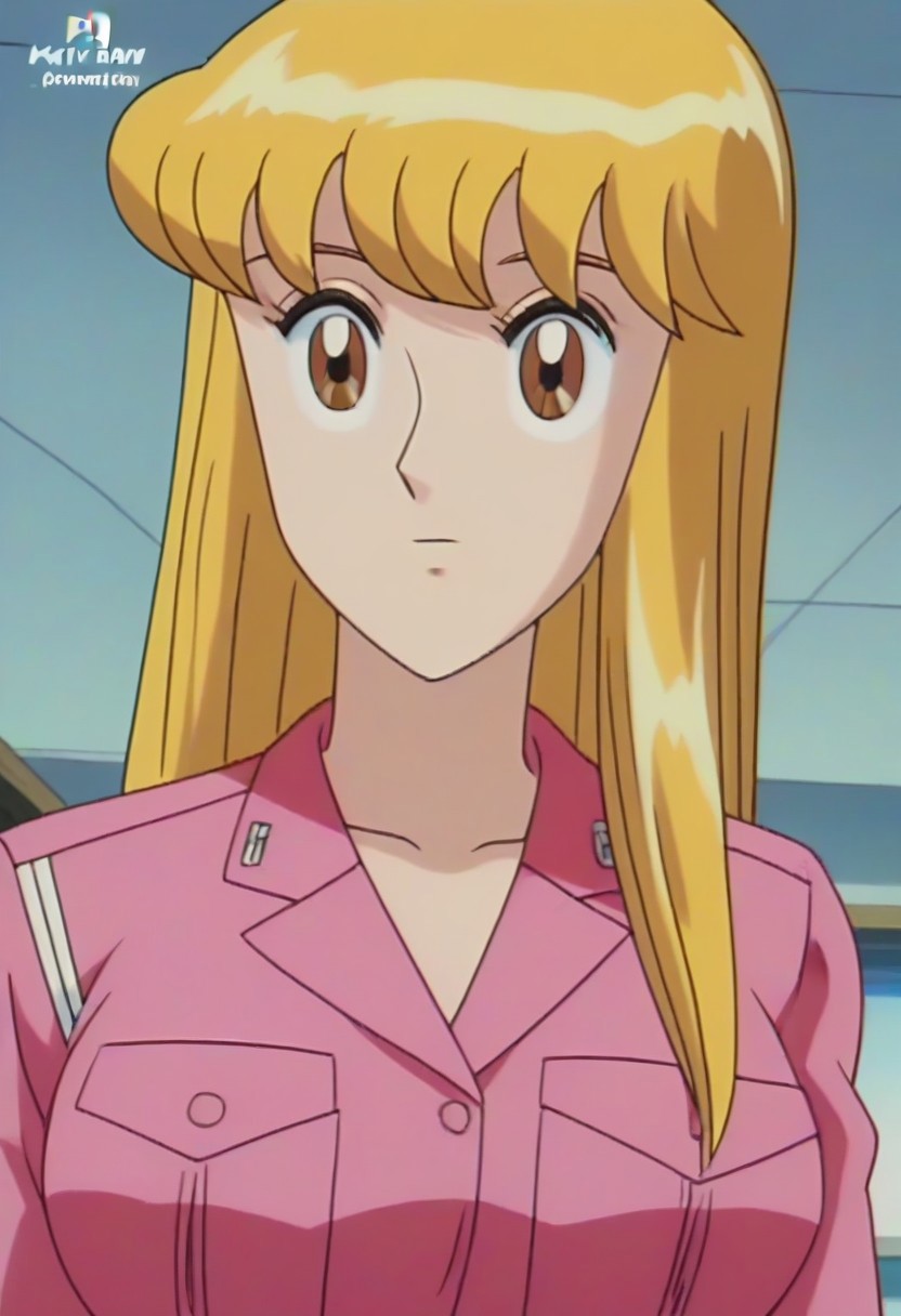 masterpiece, best quality, , anime screencap, anime coloring, official style,uncensored,1girl, solo, (kochikame, akimoto reiko, huge breasts, blonde hair, pink suit),