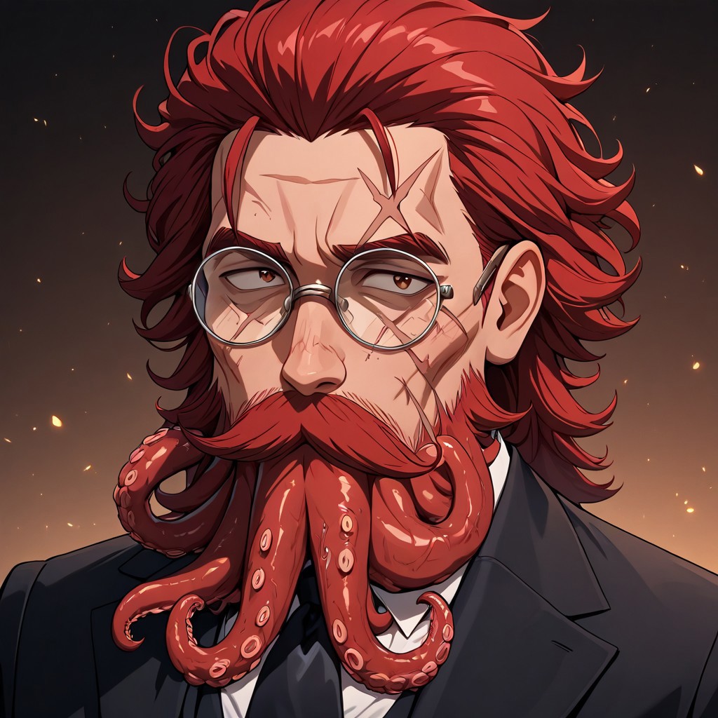 masterpiece, best quality, newest, absurdres, highres, anime, anime style, 1boy, glasses, red hair, suit, round glasses, beard, facial hair, mustache, scar, scars on face, TB-V1.0, Tentacle beard,