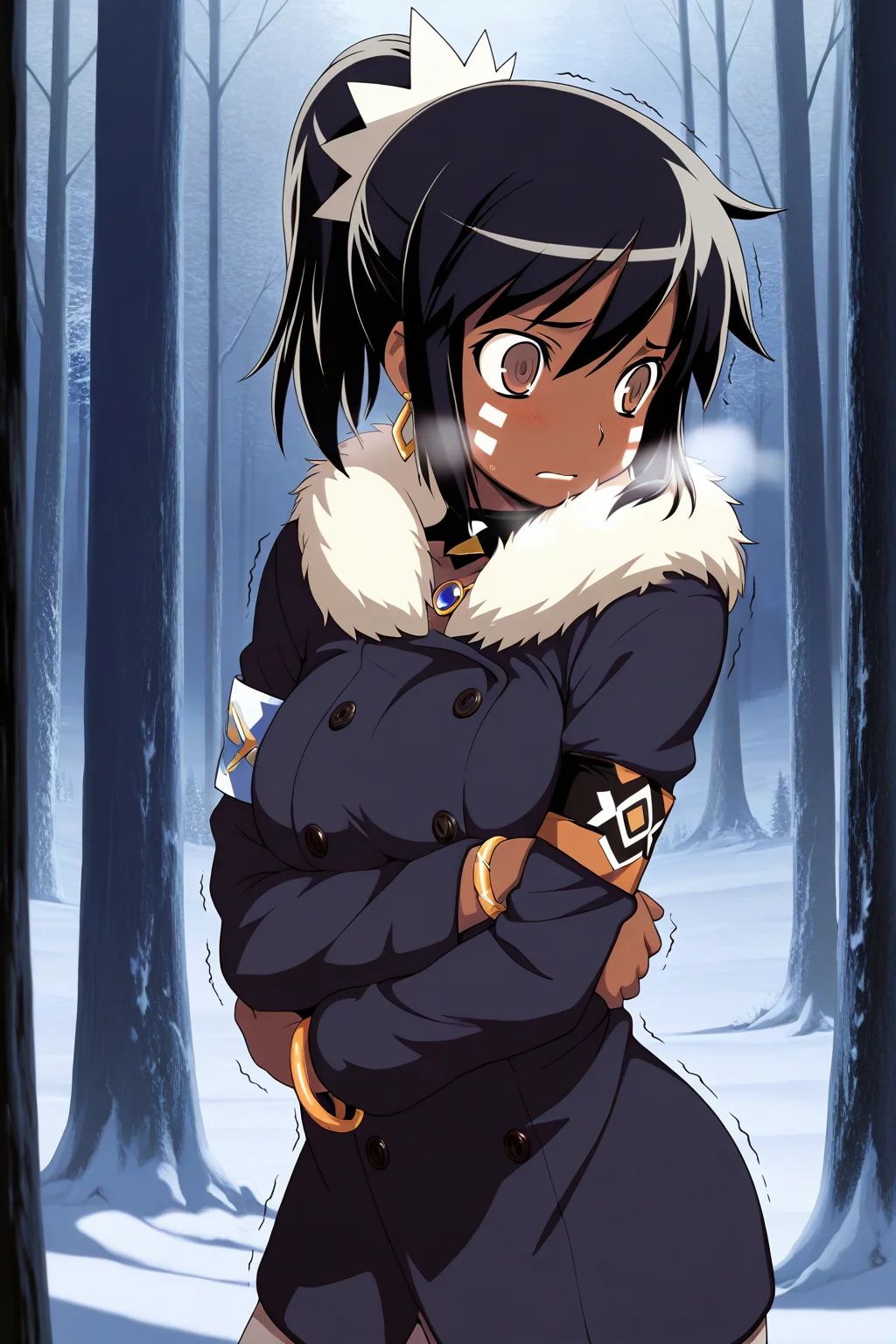 masterpiece, best quality, amazing quality, absurdres, solo, etrianshilleka, shivering, trembling, self hug, shivering, freezing, cold, worried, open eyes, brown eyes, white facial marks, dark skin, black hair, ponytail, fur coat, bracelets, armband, outdoors, forest, snowstorm, snow