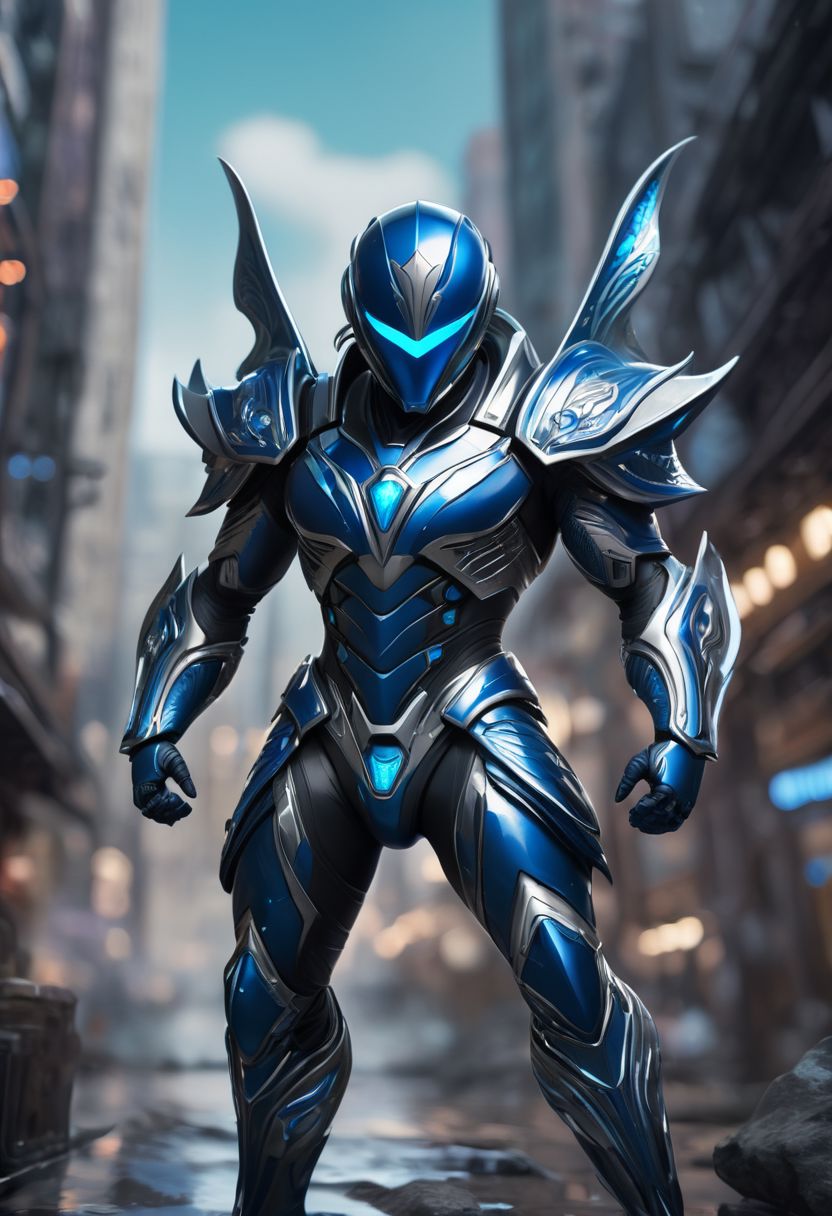 The Blue Ranger's helmet is dolphin-inspired with a dark visor and fin-like protrusions. The suit is deep ocean blue with silver accents, a stylized emblem on the chest, flexible arms, and wave-like patterns on the legs. Gloves are light blue with silver tips, and boots are sturdy. cyberpunk art style, Shounen Anime Style, cyberpunk alien city background, full--body, highly--detailed, bokeh--focus, soft Analogous colors, extremely wide-angle, FastNegativeV2, <lora:fightingpose:0.7> squat, fighting pose, knee on ground,