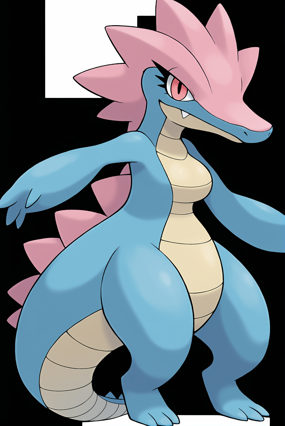 Score_9, Score_8_up, score_7_up, score_6_up, rating_safe solo, type: water, type: fairy, egg group: no eggs discovered, it is legendary pokemon that is a pink crocodile with humanoid traits, it has the outline of breasts, it has long eyelashes, it has a seductive look on it's face, it is intimidating and tall, it stands on its hind legs<lora:EMS-300164-EMS:0.800000>