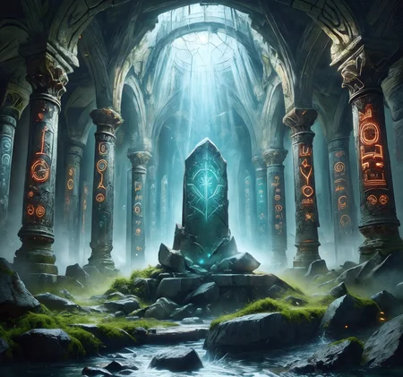 RAW photo, (masterpiece:1.3), subsurface scattering, heavy shadow, (high quality:1.4), (intricate, high detail:1.2), professional photography, HDR, High Dynamic Range, realistic, ultra realistic, photorealistic, high resolution, film photography, ambient lighting, atmospheric effects, <lora:detail_slider_v4:2>, OverallDetail, <lora:Magical_Place:1>, fantasy, mapla, planted sword, night, ruins, standing stone, magic runes