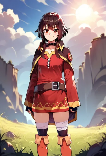 score_9, score_8_up, score_7_up, solo, dramatic lighting, detailed, high resolution, fantasy, adventure, grass, sun, blue sky, clouds, , smile, master piece, standing,
1 girl, cute face, Megumin