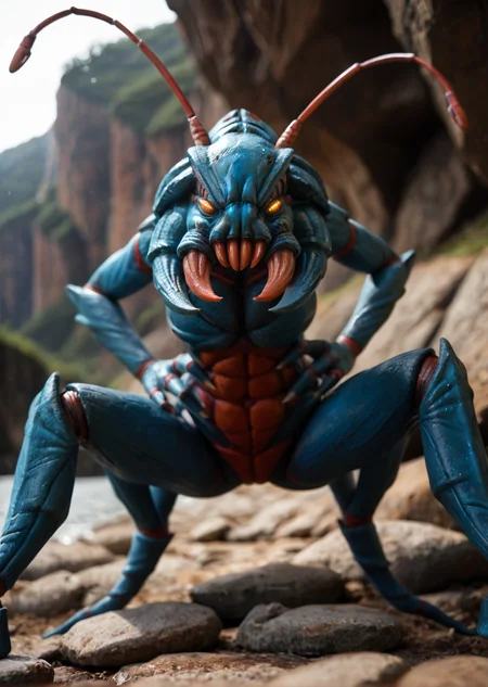 <lora:weaver_v3:0.8>weaver_v3,
no humans, pokemon (creature), monster, insect,
yellow eyes, glowing eyes, colored sclera,
claws,
teeth, sharp teeth, fangs,
horns, spikes, antennae, two antennas in the head,
blue skin, colored skin, shiny skin
arthropod limbs, extra arms, multiple legs,, score_9, score_8_up, score_7_up, score_6_up, derpibooru_p_95,
detailed eyes, beautiful, detailed background, perfect eyes,
solo,
Canyon of the Beshenka River, Viking boat, standing, legs apart, from below, perspective, pov, looking down at viewer, hands on hips, (annoyed:1.5), open mouth, teeth,
blur censor, blurry, blurry background, blurry foreground, bokeh, motion blur,
chromatic aberration, depth of field, figure, focused, focus
photography, realistic sun light and shadows, photorealism, UHD --ar 9:16 --style raw --stylize 700,