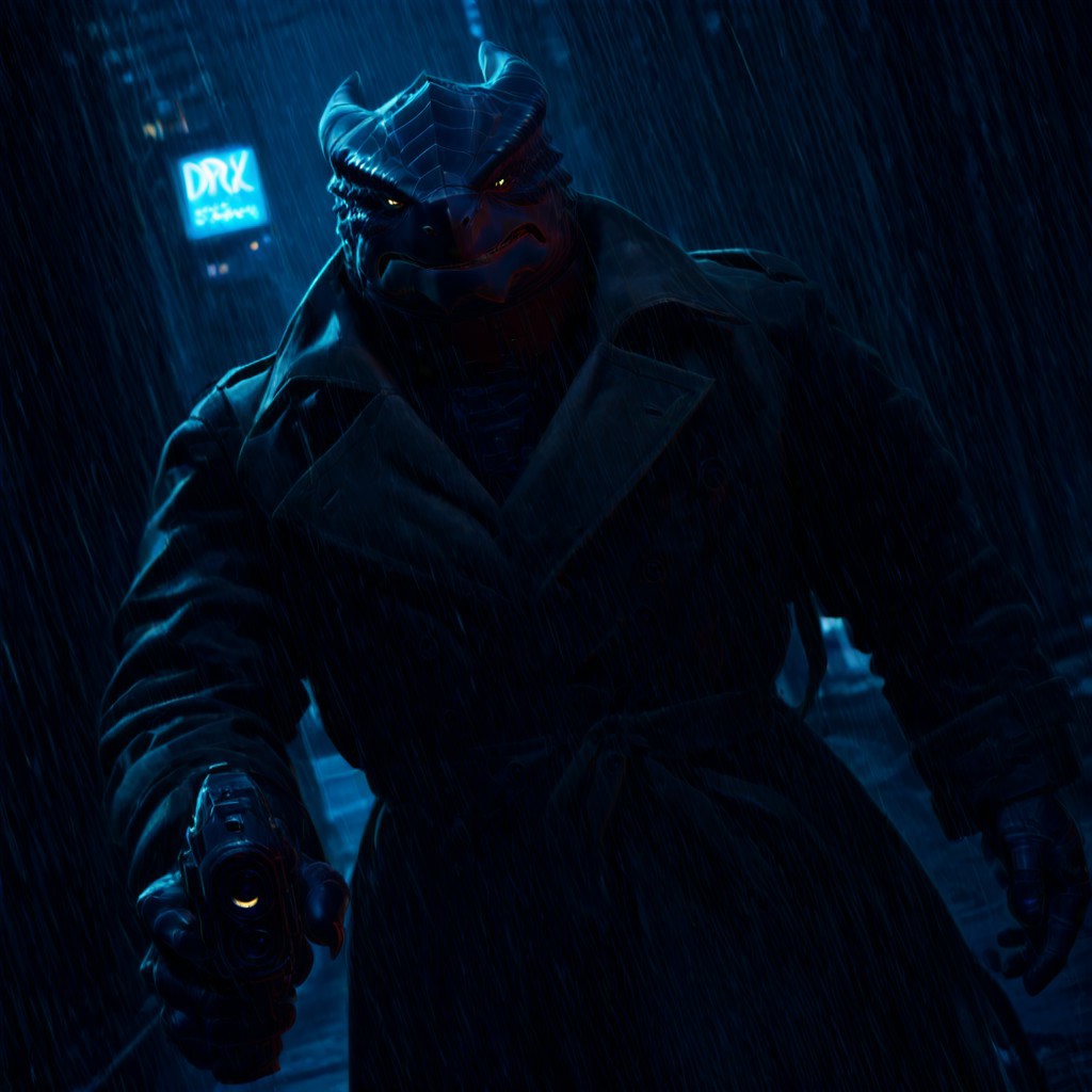 Dragonborn with trench coat in the rain running in the street with blade runner blaster pointing toward the camera, easynegative, Dragonborn, furry dragon, Blade runner, bldrnrblstr