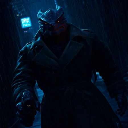 Dragonborn with trench coat in the rain running in the street with blade runner blaster pointing toward the camera, easynegative, Dragonborn, furry dragon, Blade runner, bldrnrblstr