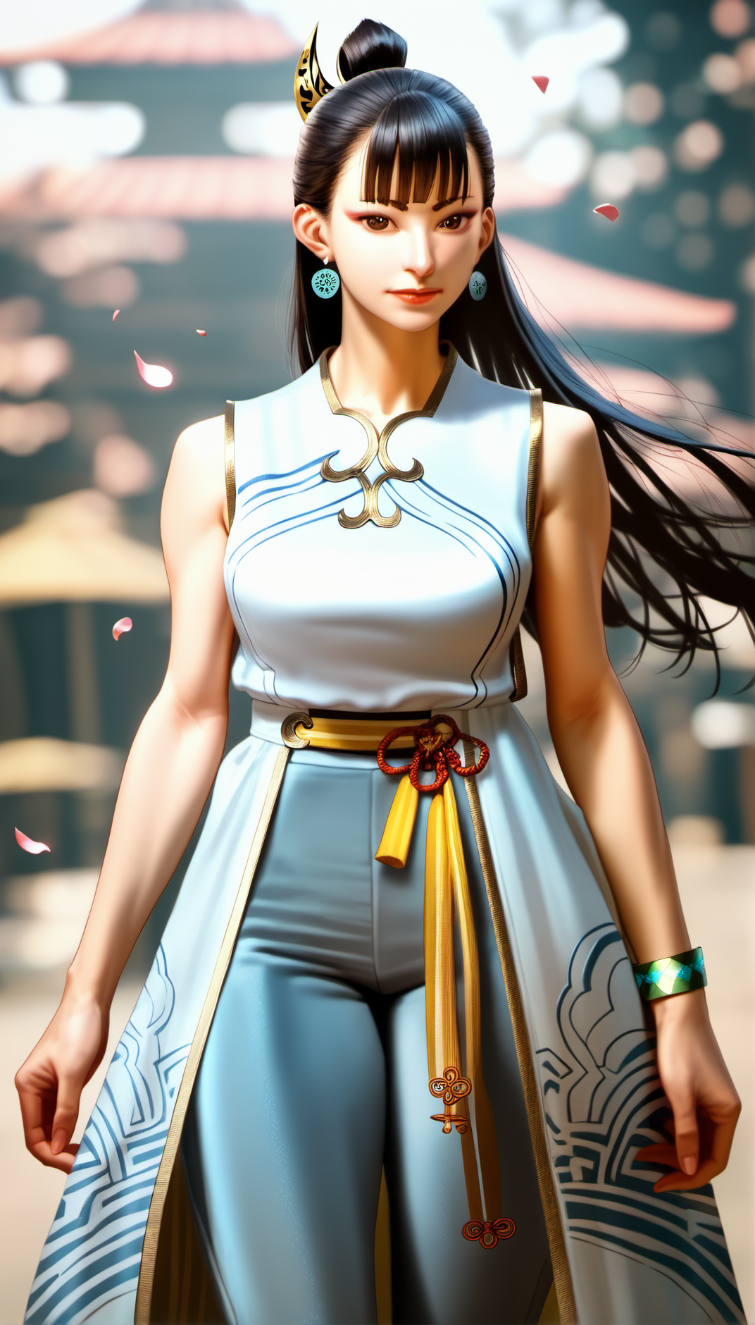 score_9,score_8_up,score_7_up,
<lora:chunli:0.9>,
sf6chunli,
realistic,
1girl,solo,black hair,(long hair:1.1),hair bun,bangs,hairclip,green earrings,brown eyes,looking at viewer,long white sleeveless robe,
green bracelets with tassels,loose gray pants,
cowboy shot,
blurry background,light particles,lens flare,bloom,simple background,falling petals,