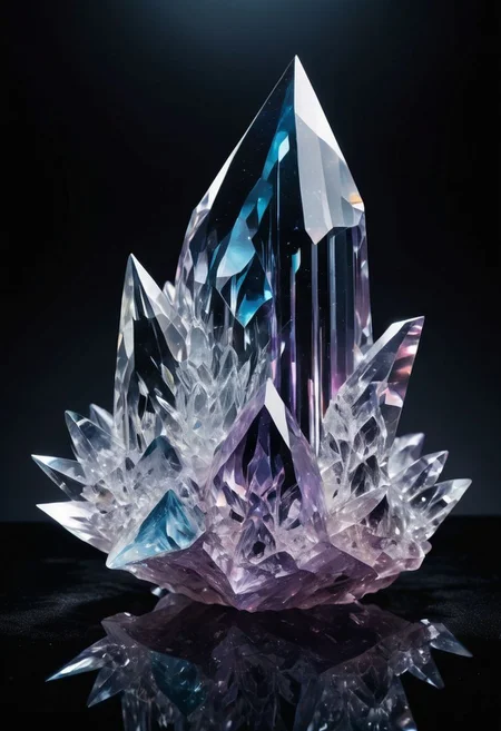 Craft a mesmerizing artwork depicting a stunning crystal void, where shimmering, translucent crystals of various shapes and sizes float weightlessly in a vast, dark expanse. Each crystal radiates a soft, ethereal glow, casting gentle reflections and refractions of light that dance across the void. The intricate facets of the crystals capture and play with the ambient light, creating a breathtaking kaleidoscope of colors and patterns. The emptiness of the void is filled with the serene beauty of these crystalline formations, evoking a sense of wonder and tranquility in the viewer.
