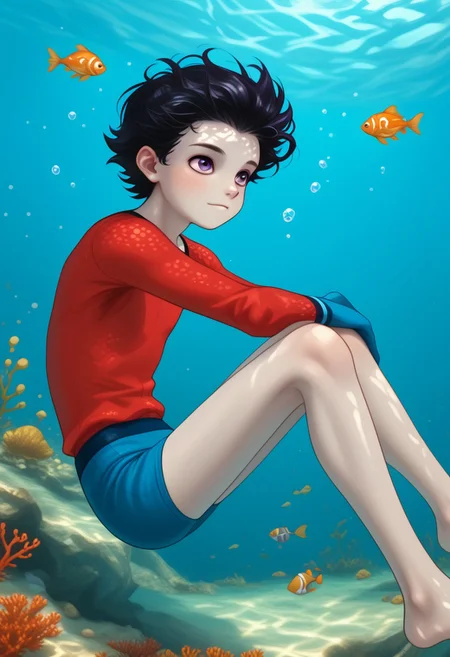 Underwater, fish, bubbles, 1boy, solo, cute boy, floating underwater, fully submerged, Aqualad, Black Hair, Purple eyes, Year One, Grey Skin, Pointy Ears, red shirt, blue gloves, blue speedo, blue shorts,