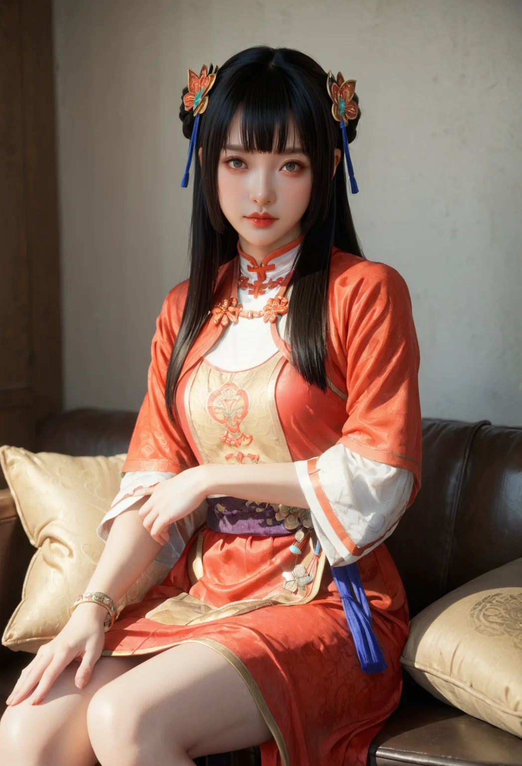 score_9, score_8_up, score_7_up, She sits cross-legged on a cushion, her hands resting on her knees., <lora:Daqiao_Dynasty_Warriors:0.8> 1girl, solo, black hair, long hair, hair ornament, chinese clothes, jewelry, bracelet, half body shot, looking at viewer