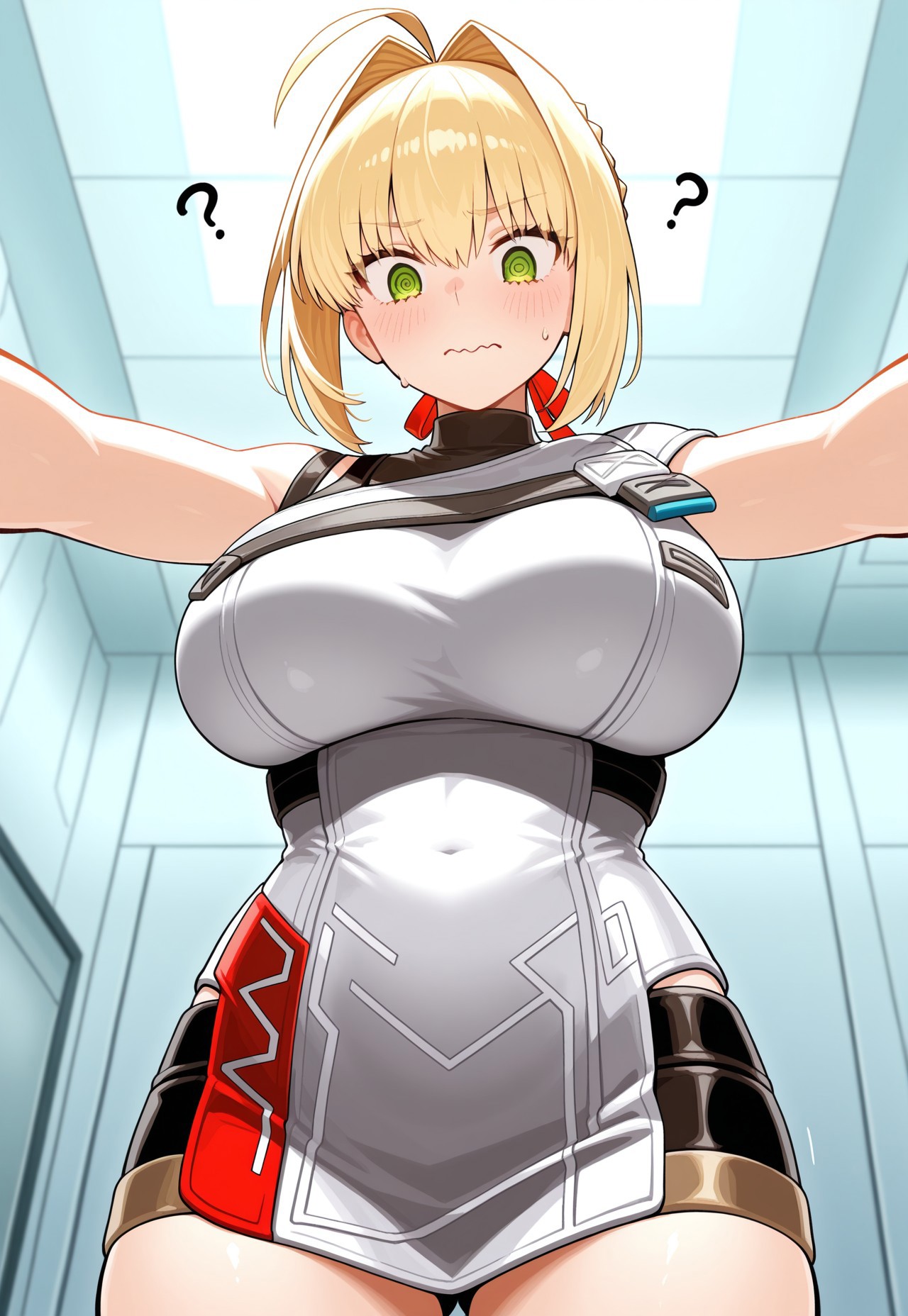 masterpiece, best quality, good quality, very aesthetic, absurdres, newest, 8K, focused subject BREAK 1girl, cowboy shot, looking down, confused, sweatdrop, ?, nero claudius \(fate\), elmodorm, sleeveless, zipper, huge breasts, arms spread, wavy mouth, @ @