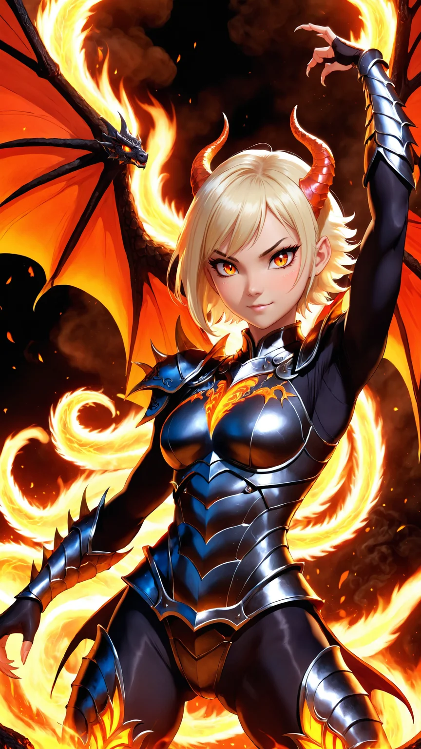 anime screencap, lava dragon girl, playful expression, in mid-air with arms outstretched, lava wings flapping, volcanic eruption behind her, lava streams, glowing cheerful eyes, detailed scales, smoke and lava particles, hyper-detailed, extremely complex, vivid colors, anime-style lighting, cinematic composition, front view
perfect hands, perfect fingers, BREAK
platinum blonde hair, black eyes, short hair, hair over one eye, hair floating upwards, (muscular female:1.5), dragon armor, veiny arms, pointy ears, dragon horns, spiky armor, scale armor,