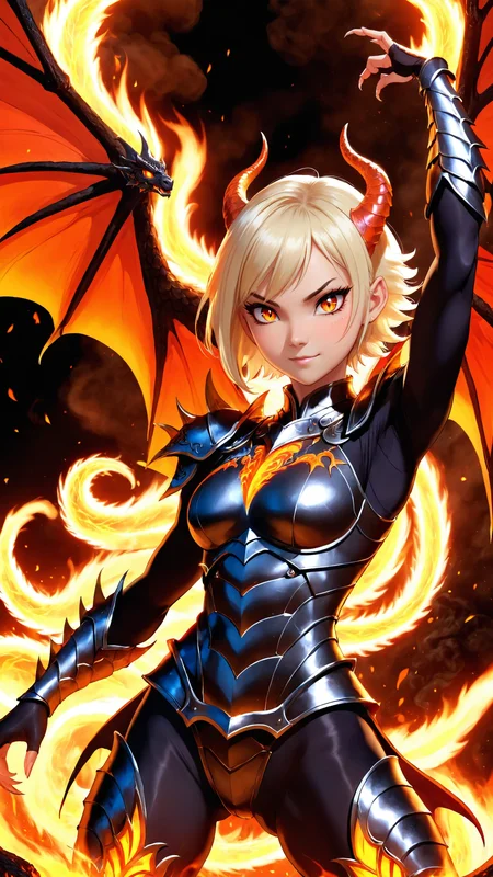 anime screencap, lava dragon girl, playful expression, in mid-air with arms outstretched, lava wings flapping, volcanic eruption behind her, lava streams, glowing cheerful eyes, detailed scales, smoke and lava particles, hyper-detailed, extremely complex, vivid colors, anime-style lighting, cinematic composition, front view
perfect hands, perfect fingers, BREAK
platinum blonde hair, black eyes, short hair, hair over one eye, hair floating upwards, (muscular female:1.5), dragon armor, veiny arms, pointy ears, dragon horns, spiky armor, scale armor,