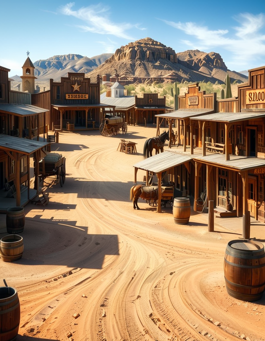 A classic Wild West town in the late 1800s, surrounded by arid desert and towering rock formations. The dusty main street is lined with wooden buildings, including a saloon with swinging doors, a sheriffâs office with a star emblem, a general store with a wooden sign, and a blacksmithâs shop with tools hanging outside. Old-fashioned wooden wagons are parked along the street, and a few horses are tied to hitching posts. The atmosphere is lively, with cowboys wearing wide-brimmed hats, boots, and leather dusters walking around, some talking near the saloon while others ride horses. The sky is bright blue with a few wispy clouds, and the sunlight casts long shadows on the ground. In the background, a water tower stands tall, and a windmill slowly turns in the breeze. The scene is full of rustic details, evoking the adventurous spirit of the American frontier.<lora:SDXLFaeTastic2400:0.4> <lora:extremely_detailed:0.4> extremely detailed, <lora:Western_v1ll4g3:1>,Western v1ll4g3, Masterpiece,best quality,hi res,8k,hi res,8k,award winning,(sharp focus, intricate, highly detailed),