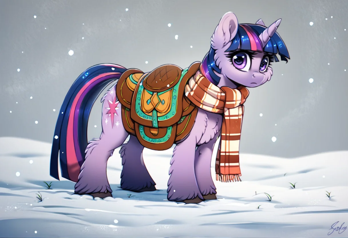 score_9, score_8_up, score_7_up, score_6_up, score_5_up, score_4_up, twilight sparkle, yakutian horse, mare, female, solo, unshorn fetlocks, cheek fluff, clothes, filly, saddle, scarf, snow, snowfall, g4, detailed, beautiful, <lora:Snow_Ponies-000008:1>