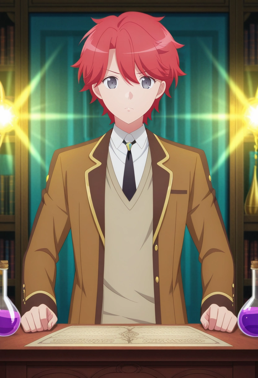 masterpiece, best quality, , anime screencap, anime coloring, , looking at viewer, 1boy, solo, male focus, <lora:sirius_dieke_ilxl:0.92>, sirius_dieke, red hair, grey eyes, short hair, brown jacket, black necktie, school uniform, white shirt, collared shirt, mystic workshop, potion shelves, spell scrolls, enchanted tools, crafting pose, creative expression, magical lighting, carnival costume