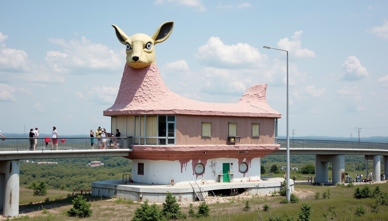 Terrarium rendering of a long  melting novelty architecture  building shaped like a sickly jackalope operating as a bridge in a nuclear confinement zone.