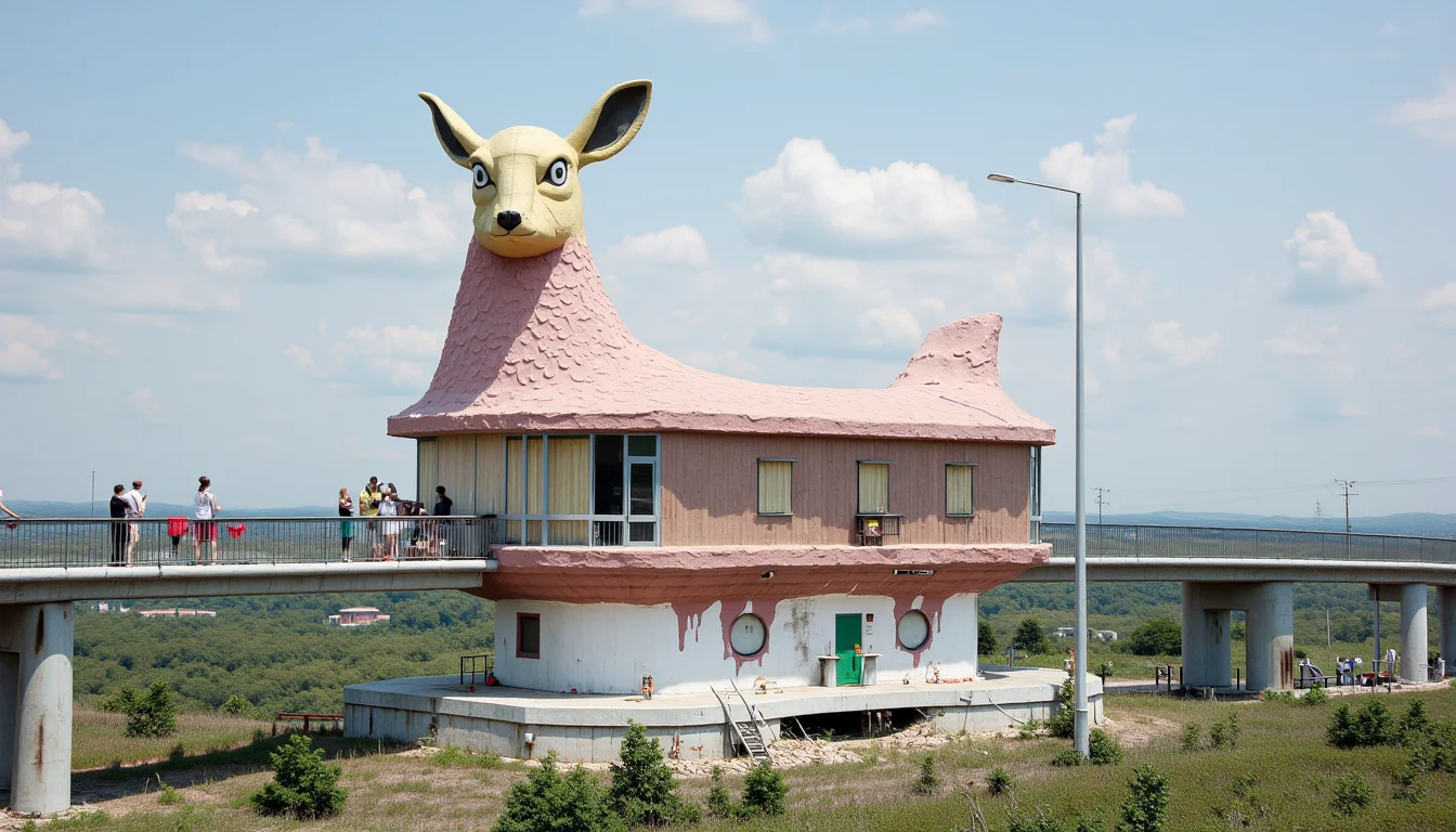 Terrarium rendering of a long melting novelty architecture building shaped like a sickly jackalope operating as a bridge in a nuclear confinement zone.