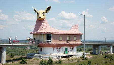 Terrarium rendering of a long  melting novelty architecture  building shaped like a sickly jackalope operating as a bridge in a nuclear confinement zone.