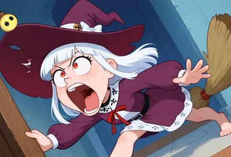 ((dumb_witch, barefoot, uncovered_legs, red_eyes, white_long_hair, hime_cut, witch_clothes, huge_hat, purple_robe, puffy_long_sleeves, white_dress, dress_under_robe, clothes_decorations, red_ribbon, chibi, chibi only, big head, mini person):1.3),
(1girl, solo, ),
((<lora:toon_reaction_eyes_popping_out>, toon reaction, eyes popping out, long eyes, stretched eyes, exaggerated mouth, surprised face):1.3),
(score_9, score_8_up, score_7_up, score_6_up, masterpiece, best quality, newest, amazing quality, highres, enhanced colors, colored shadows, smooth edges, dynamic angle, wide shot, blending)