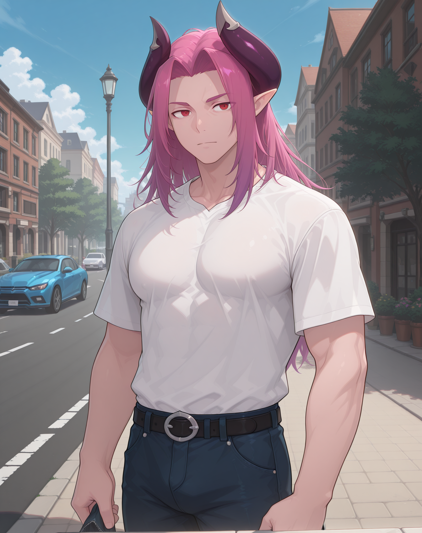 masterpiece,best quality,amazing quality, newest, very aesthetic, absurdres,
1boy, solo, yaoi, male focus, looking at viewer, cowboy shot, standing,
 <lora:Werner_Evolution_ilxl:1>  wernerevolution, demon horns, pointy ears, demon boy, red eyes, magenta hair, mature male, 
white shirt, jeans, sneakers,
outdoors, day, blue sky, building, street, road, lamppost, car,