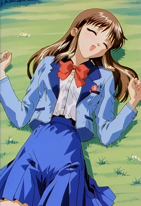 close-up, depth of field, alone, 1 girl, cute face, long hair, brown hair, closed eyes, skirt, blue skirt, shirt, white shirt, bow, red bow, red bowtie, school uniform, jacket, blue jacket, long sleeves, red tie, bowtie, lying down, on back, open arms, on grass, sleeping, outdoors, grass