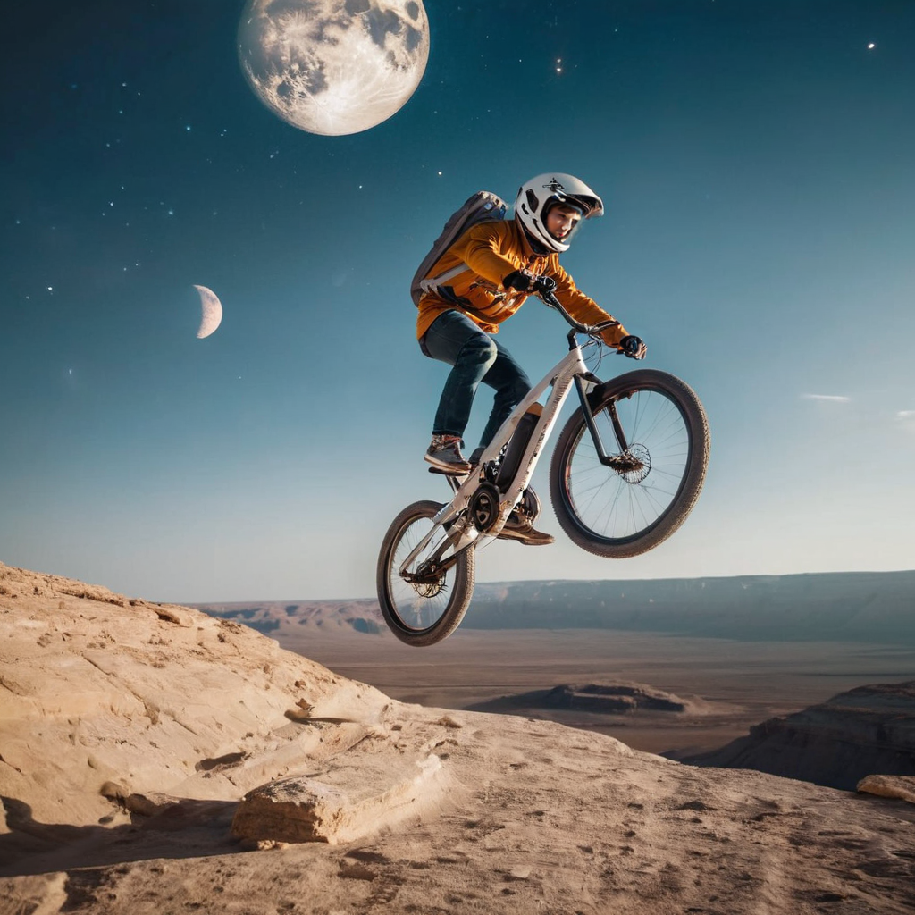 cinematic photo a boy is riding a futuristic bicycle, LowGravity, jumping from a cliff, astrounaut clothes, Moon landscape, on background, starts, galaxies, space environment, cinematic, epic, dramatic light, atmosphere, vivid colors, intricate, elegant, highly detailed, complex, professional, theatrical, very fine, sharp focus, fair, directed, extremely artistic, confident
 <lora:LowGravity-000016:.7>, , <lora:FILM_PHOTOGRAPHY_STYLE:0.25> . 35mm photograph, film, bokeh, professional, 4k, highly detailed