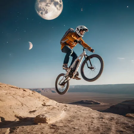 cinematic photo a boy is riding a futuristic bicycle, LowGravity, jumping from a cliff, astrounaut clothes, Moon landscape, on background, starts, galaxies, space environment, cinematic, epic, dramatic light, atmosphere, vivid colors, intricate, elegant, highly detailed, complex, professional, theatrical, very fine, sharp focus, fair, directed, extremely artistic, confident
<lora:LowGravity-000016:.7>, , <lora:FILM_PHOTOGRAPHY_STYLE:0.25> . 35mm photograph, film, bokeh, professional, 4k, highly detailed