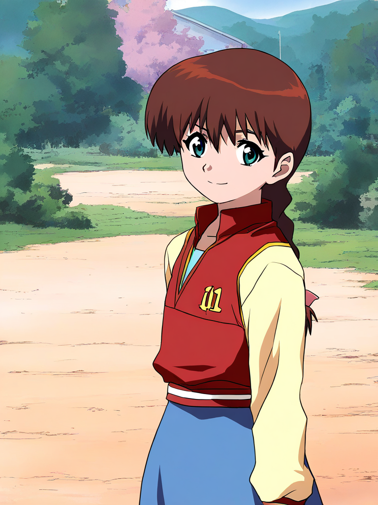 masterpiece, best quality, good quality, <lora:Miyanoshita_Satsuki_IS:1>
Miyanoshita_Satsuki, 1girl, brown hair, green eyes, single braid, long hair, bangs, 11 paint,
blue skirt,red vest,Yellow long sleeves,
 anime coloring,  day, outdoor,
smile,looking at viewer, cowboy_Shot,