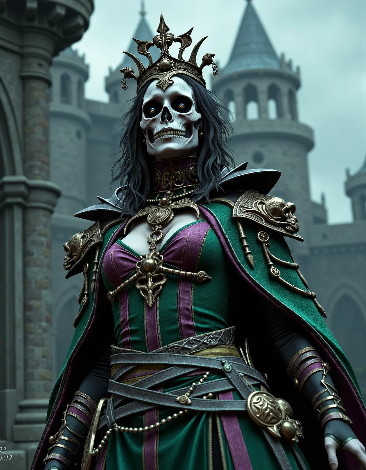 zavy-lch,Low-angle shot capturing the imposing figure of a lich queen, adorned in tattered royal robes with piercing silver eyes and intricate bone jewelry, set against a crumbling castle backdrop under a stormy sky, moody and atmospheric portrait style, monochromatic palette with deep purples and eerie greens.