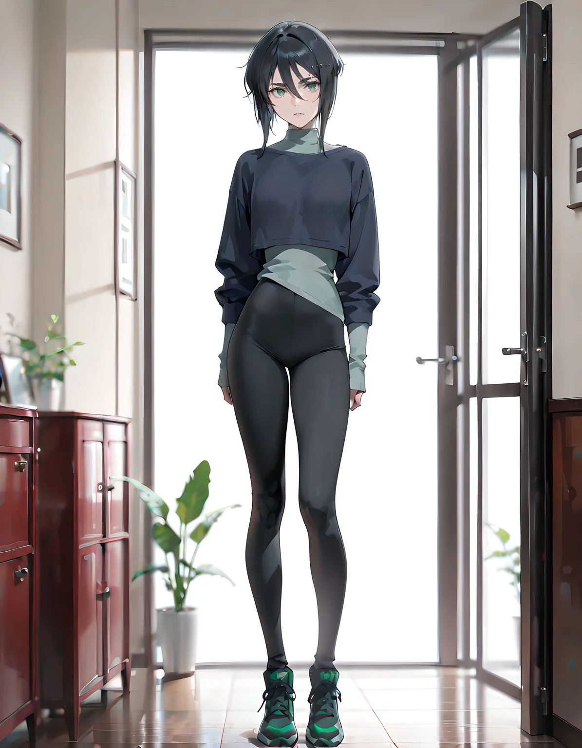 ((Masterpiece, Ultra Detail, Best Quality, Fullbody View)) <lora:laurie:1> L4ur13, 1girl, short hair, hair between eyes, green eyes, thick eyebrows, eyebrow piercing, black hair
