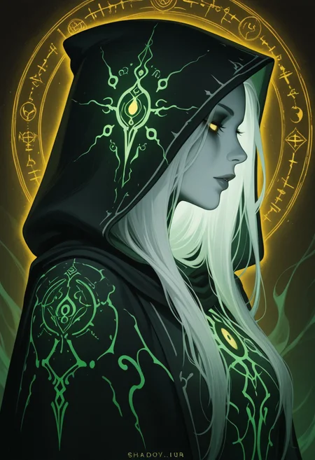 embedding:lazympos, A digital artwork portraying a profile view of a Female Necromancer with a serene yet eerie expression. She wears a hooded black cloak, intricately embroidered with glowing necromantic green runes and necrotic symbols. The background is a textured, golden-yellow hue, contrasting the dark, shadowy silhouette of the necromancer. Her makeup is subtle yet haunting, with pale, ghostly skin and eyes and lips accented by a faint, ethereal purple glow. The artwork blends dark fantasy and realism, with intricate necromantic green patterns adding an arcane elegance. The background is uniform in color. The silhouette is dark and foreboding. The cloak is hooded, with faint wisps of dark energy trailing from it. 1girl, solo, long_hair, white_hair, upper_body, parted_lips, artist_name, hood, from_side, lips, eyelashes, profile, makeup, half-closed_eyes, glowing_eyes, eyeshadow, hood_up, nose, spectral_aura, necrotic_runes