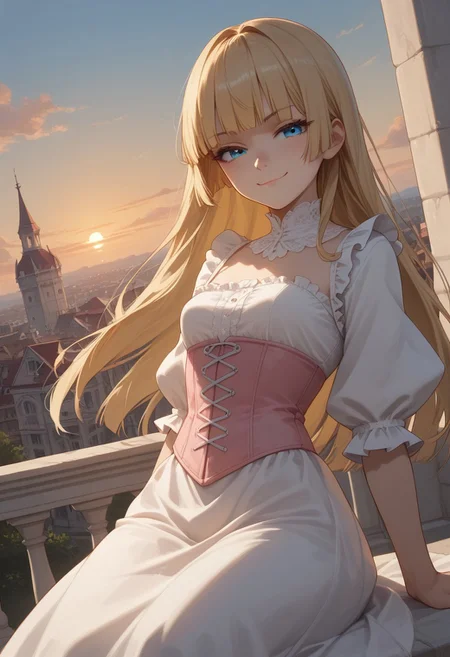 (score_9, score_8_up, score_7_up), 1girl, solo,( blonde hair), blue eyes, long hair, hime cut, long bangs, small breasts,  pink corset, frills, white dress, sunrise, 
(cowboy shot:1.2), rooftops, mansion, city,
fisheye, (relaxed, dutch angle:1.2), 
(smug:1.2), leaning back,