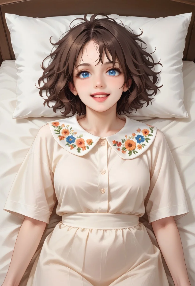 score_9, score_8_up, score_7_up,
masterpiece, best quality, detailed, amazing quality,
detailed background, bedroom, bed, pillows,
detailed eyes, clean eyes,
dynamic pose,
solo, 1woman, woman,
easynegative,
slutty_m3l0dy, pale skin, short hair, blue eyes, dark brown hair, messy hair, curvy, happy,
cute dress, decorative_collar, embroidery, floral print