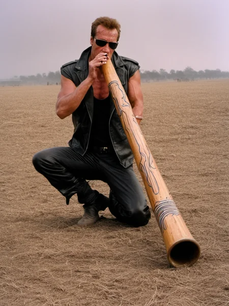 the terminator playing a long wooden didgeridoo on the battle field, <lora:didgeredoo:1>
