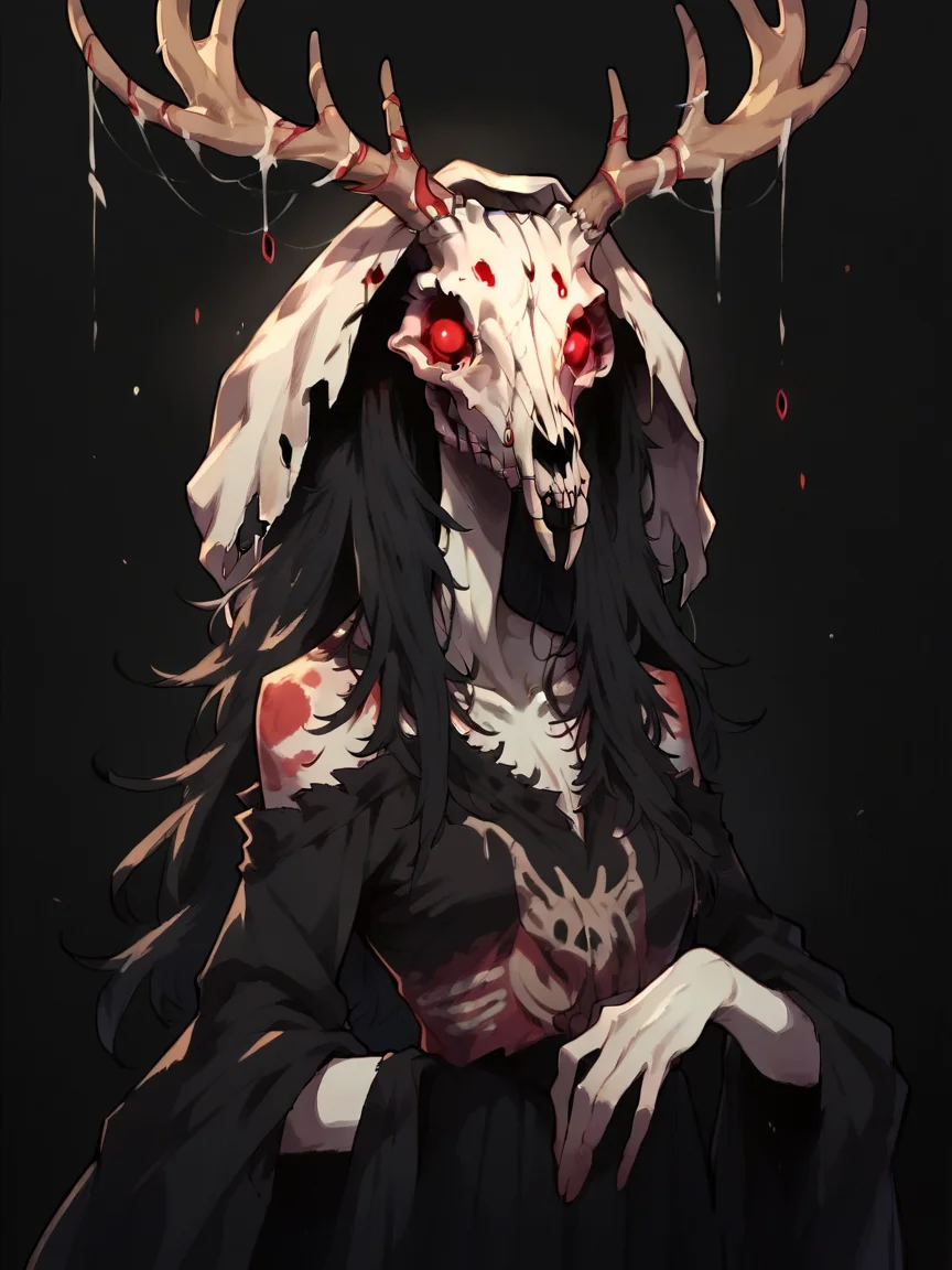 score_9, score_8_up, score_7_up, score_6_up, score_5_up, <lora:wendigoXLP:1> wendigo, 1girl, animal skull, monster, no humans, solo, red eyes, antlers, black background,
