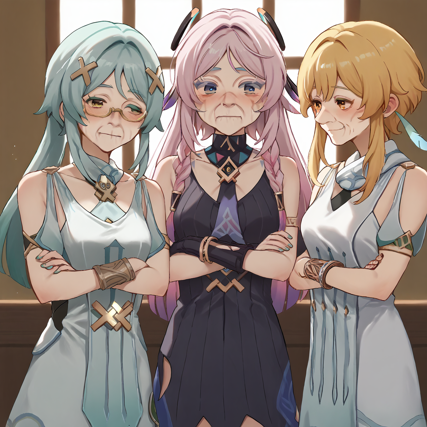 score_7_up, score_6_up, score_5_up, source_anime,
(3girls:1.1), indoors,
<lora:citlali-faruzan-traveller.pony:1>, citlali, faruzan, lumine,
<lora:age_slider_XL-bf16-pony-v1:1.1>, (aged up:1.2), (old woman:1.2), wrinkles,