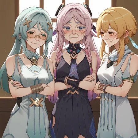score_7_up, score_6_up, score_5_up, source_anime,
(3girls:1.1), indoors,
<lora:citlali-faruzan-traveller.pony:1>, citlali, faruzan, lumine,
<lora:age_slider_XL-bf16-pony-v1:1.1>, (aged up:1.2), (old woman:1.2), wrinkles,