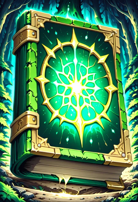 masterpiece, best quality, no humans, CitronsGrimoires, green book, glowing Norse runes, ancient tome, moss-covered leather, gold clasps, Celtic knotwork, runestone patterns, mythic energy, forest magic, solo object, ethereal green glow, enchanted pages, misty forest, sacred grove, floating book, soft sunlight, magical dust, intricate carvings, ambient nature sounds â Nestled within the heart of an ancient grove, the green grimoire levitates just above a mossy stone, bathed in dappled sunlight piercing through the trees. Its surface is bound in weathered leather, etched with glowing Norse runes that shift like living script. The book hums softly with mythic power, as if echoing the voices of long-forgotten gods. Vines creep gently along its spine, and as it opens, a faint chime echoes through the woods, summoning visions of Yggdrasil and ancestral spirits. This is not just a bookâitâs a relic of divine memory, whispering secrets in the language of the runes. ,<lora:CitronsGrimoiresIXL:1.0>,