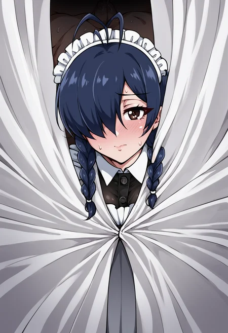 score_9, score_7_up, source_anime, uncensored, zPDXLxxx, <lora:intricate_details:0.5> intricate_details_xl, face focus, zoom layer, close-up, blurry background
1girl, dark blue hair, quad braids, short hair, hair over one eye, antenna hair, dark brown eyes, looking at viewer, maid uniform, sweat, sweatdrop, shiny skin,
<lora:Hidden_Sex_Curtain_Doorway_v1.0:1> hidden sex, stealth sex, (curtain grab:1.1), behind curtain, see-through silhouette, curtains, sex, vaginal, blodjow face, 1boy, faceless male, cheating (relationship)