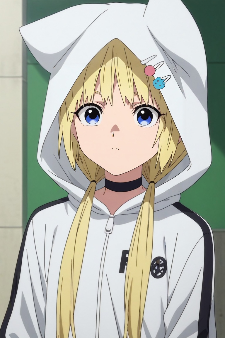 score_9, score_8_up, score_7_up, , rating_safe, intricate details, anime screencap, , , , depth of field, 1girl, solo, <lora:kon_kemono_jihen_pony:0.74>, kon_kemono_jihen, blonde hair, blue eyes, long hair, twintails, low twintails, bangs, hood, white hoodie, hood up, animal hood, black choker, , , <lora:sdxl_lightning_8step_lora:1>