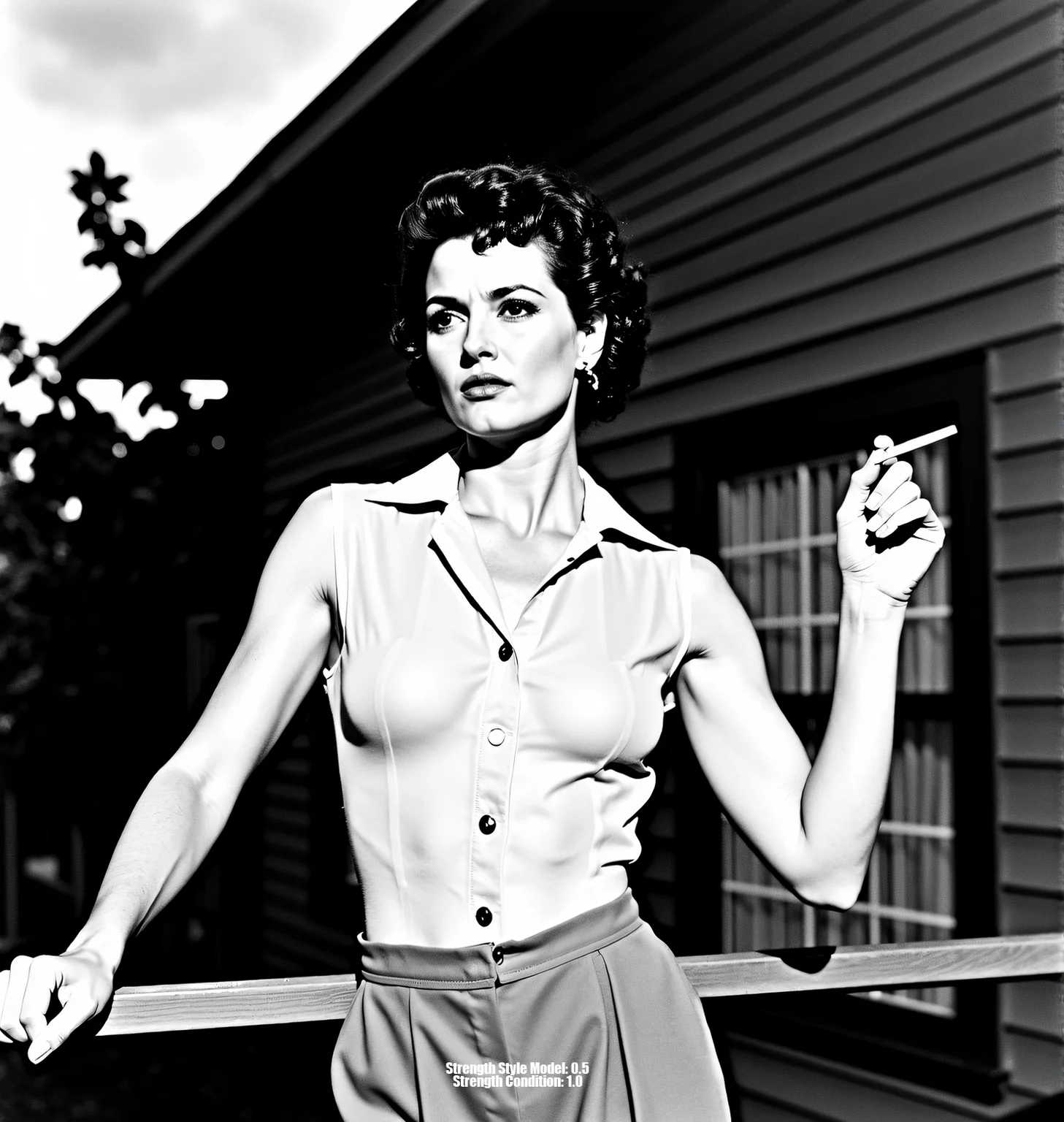 A high-contrast black and white photograph, inspired by Helmut Newton and Peter Lindbergh. A glamorous woman with short, curly hair, wearing a partially unbuttoned sheer button-down shirt tucked into high-waisted trousers. She leans against a railing, cigarette in hand, against a backdrop of cloudy skies, architectural details, and foliage. Shot from a slightly low angle with strong chiaroscuro lighting, creating deep shadows and a dramatic mood. Sharp focus on the foreground with a shallow depth of field. Evoke a timeless, sophisticated aesthetic, reminiscent of classic Hollywood glamour meets raw, unfiltered emotion. Limited grayscale palette, emphasizing texture and form, with a touch of Anton Corbijn's starkness and mood.<lora:_Flux\_Photographer\Helmut_Newton-000001.safetensors:0.8000000000000002:0.8000000000000002>