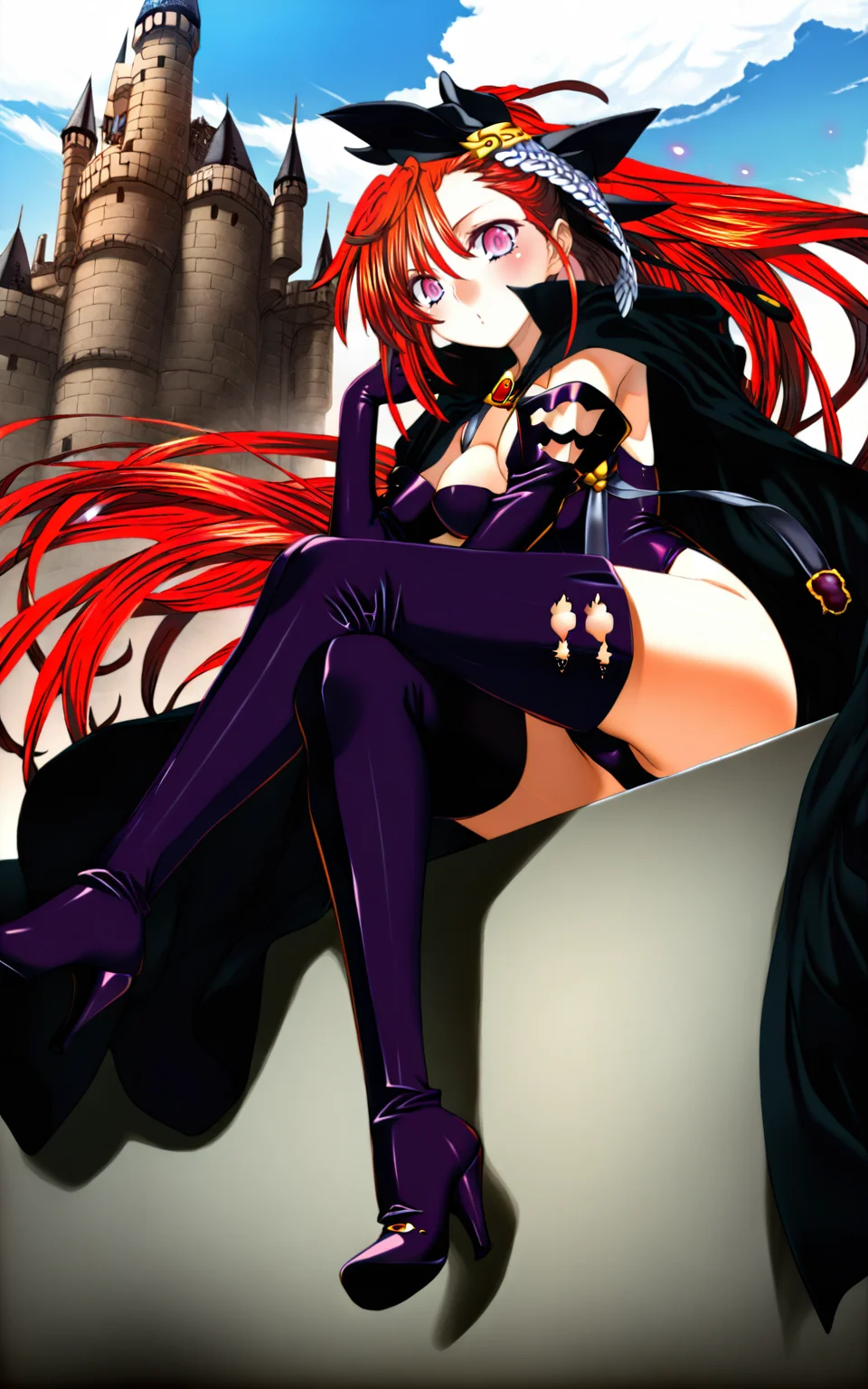 masterpiece, detailed, 1girl, solo, satella_\(rance\), majinxx outfit, long hair, red eyes, thighhighs, gloves, purple eyes, hair ribbon, hair ornament, ponytail, red hair, boots, yamitera boots, elbow gloves, shibtsu gloves, cape, leotard, thigh boots, high heels, high heel boots, sitting, (crossed legs), (full body), castle, outdoors, day, sky, cloud, looking at viewer, <lora:satella_rance:1>